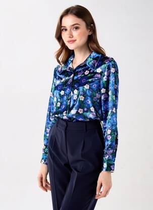 Cămașă imprimeu floral mâneci lungi albastru BIZANCE femeie