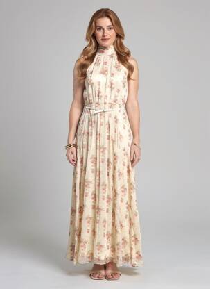 Rochie lungă imprimeu floral fără mâneci bej MAX MARA femeie