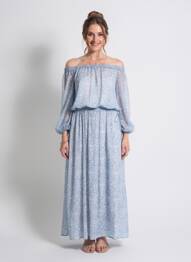 Rochie lungă imprimeu fantezie mâneci lungi albastru MAX MARA femeie