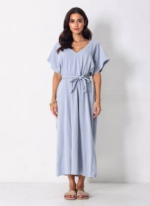 Rochie lungă mâneci scurte mâneci scurte albastru MAISON ANJE femeie