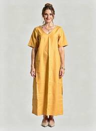 Rochie lungă țesătură poplin mâneci scurte galben ELÈSIG femeie
