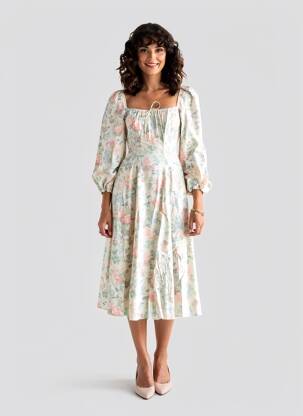 Rochie midi imprimeu floral mâneci lungi alb SELKIE femeie