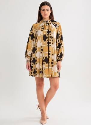 Rochie scurtă croială evazată mâneci lungi bej H&M femeie