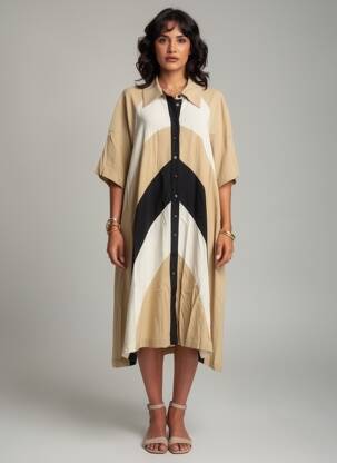 Rochie midi croială fluidă mâneci scurte bej MAT. femeie