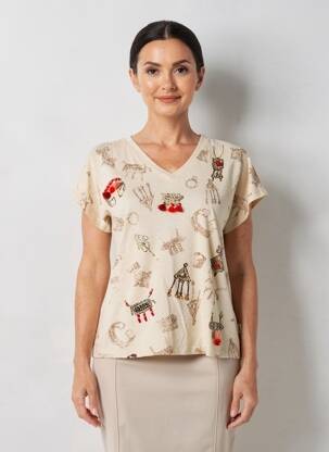 Tricou imprimeu fantezie mâneci scurte bej ANANKE femeie