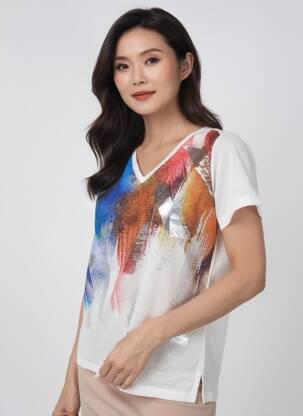 Tricou imprimeu fantezie mâneci scurte alb GUY DUBOUIS femeie
