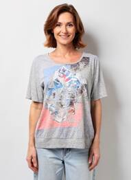 Tricou imprimeu fantezie mâneci scurte gri FRANK WALDER femeie