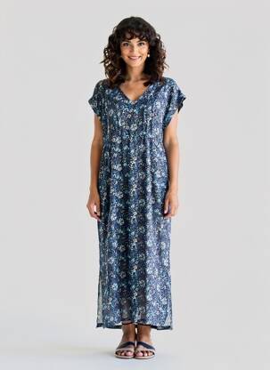 Rochie lungă imprimeu fantezie mâneci scurte albastru ESPRIT DE LA MER femeie
