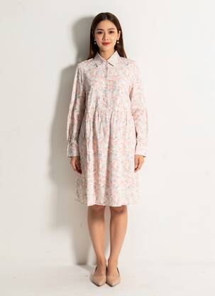 Rochie midi imprimeu fantezie mâneci lungi alb ESPRIT DE LA MER femeie