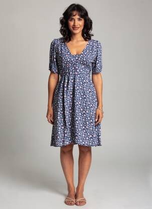 Rochie midi imprimeu floral mâneci scurte albastru BAMBOO'S femeie