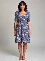 Rochie midi imprimeu floral mâneci scurte albastru BAMBOO'S femeie
