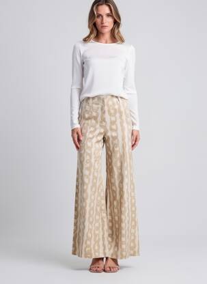 Pantalon larg țesătură poplin talie înaltă bej LIVIANA CONTI femeie