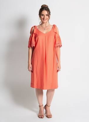 Rochie midi țesătură crep mâneci scurte portocalie LAUREL femeie