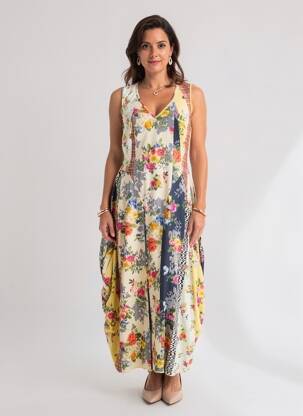 Rochie lungă imprimeu fantezie fără mâneci galben HIGH femeie