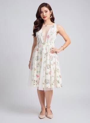 Rochie midi imprimeu fantezie fără mâneci alb N°21 femeie