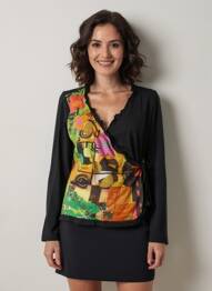 Tricou imprimeu fantezie mâneci lungi negru MSN femeie