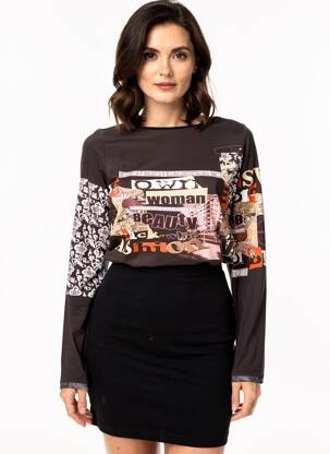 Tricou imprimeu fantezie mâneci lungi negru MSN femeie