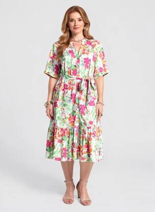 Rochie midi imprimeu floral mâneci scurte verde LEO & UGO femeie