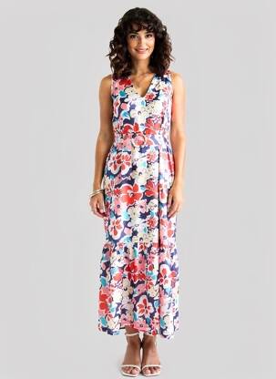 Rochie lungă imprimeu floral fără mâneci roșu LEO & UGO femeie