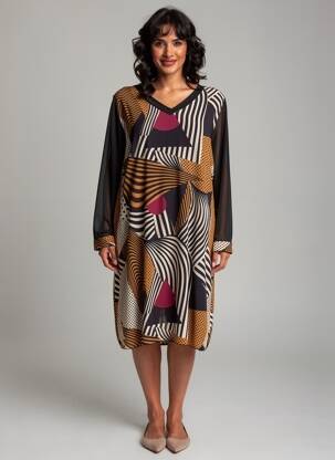 Rochie midi croială fluidă mâneci lungi negru COULEURS DU TEMPS femeie
