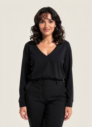 Top guler în v mâneci lungi negru MAJESTIC FILATURES femeie