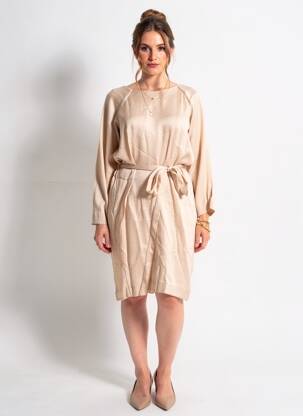 Rochie midi țesătură crep mâneci lungi bej INTROPIA femeie