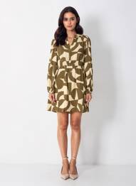 Rochie scurtă țesătură crep mâneci lungi verde GRACE & MILA femeie