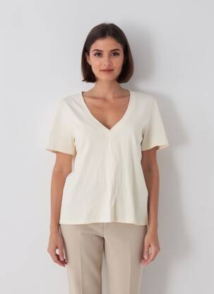 Tricou serigrafie flockată mâneci scurte bej GRACE & MILA femeie