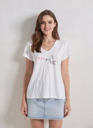 Tricou serigrafie flockată mâneci scurte alb PIECES femeie