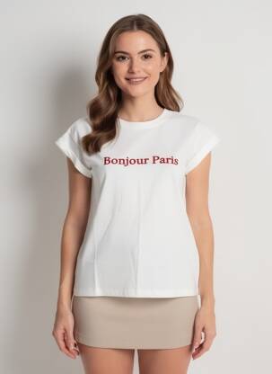 Tricou serigrafie flockată mâneci scurte alb GRACE & MILA femeie