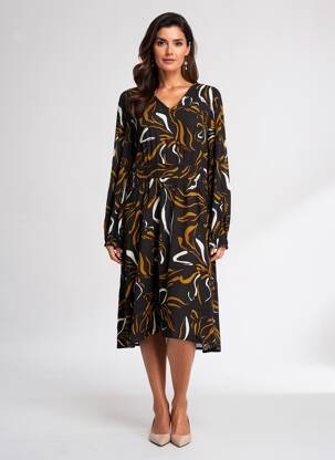 Rochie midi imprimeu fantezie mâneci lungi negru FRANSA femeie