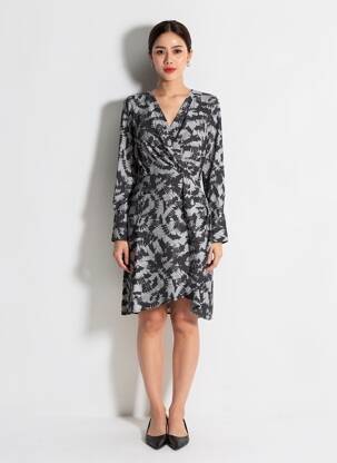 Rochie midi imprimeu fantezie mâneci lungi gri JDY femeie