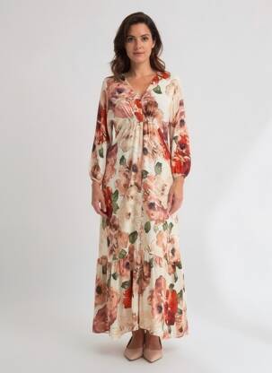 Rochie lungă imprimeu floral mâneci 3/4 bej NINATI femeie
