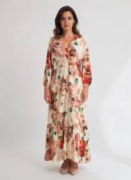 Rochie lungă imprimeu floral mâneci 3/4 bej NINATI femeie