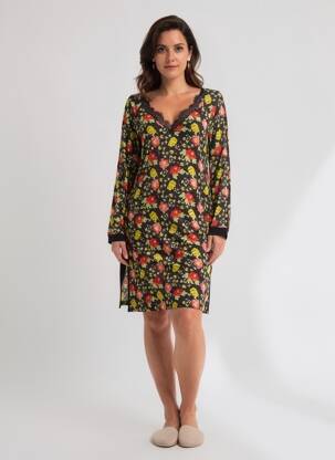 Cămașă de noapte imprimeu floral negru ANTIGEL femeie