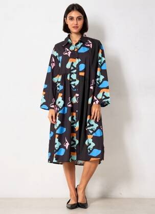 Rochie midi imprimeu fantezie mâneci lungi negru NESLAY femeie