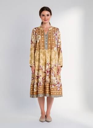 Rochie midi imprimeu fantezie mâneci lungi bej WORLD FASHION femeie