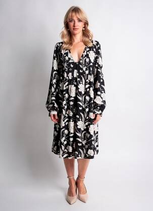 Rochie midi croială fluidă mâneci lungi negru ICHI femeie