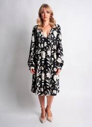 Rochie midi croială fluidă mâneci lungi negru ICHI femeie