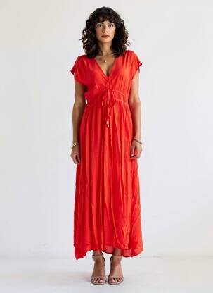 Rochie lungă mâneci scurte mâneci scurte roșu CREAM femeie