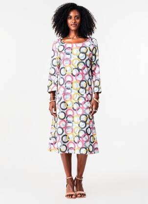 Rochie midi imprimeu fantezie mâneci scurte galben VEGAS femeie