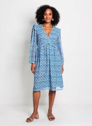 Rochie midi croială fluidă mâneci lungi albastru MAJOLICA femeie