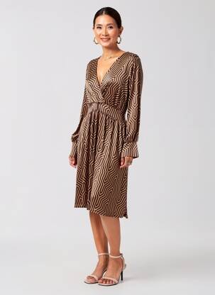 Rochie midi croială fluidă mâneci lungi maro A BELLE femeie
