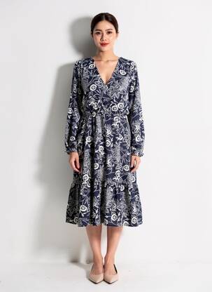 Rochie midi croială fluidă mâneci lungi albastru INSPIRATION STUDIO femeie