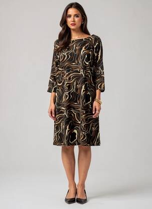 Rochie midi imprimeu fantezie mâneci lungi negru VEGAS femeie