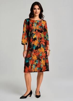 Rochie midi imprimeu fantezie mâneci lungi negru VEGAS femeie