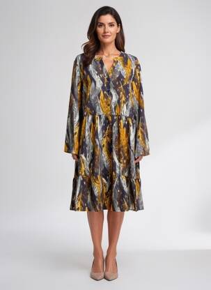 Rochie midi croială fluidă mâneci lungi galben WORLD FASHION femeie