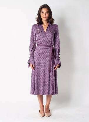 Rochie midi imprimeu fantezie mâneci lungi violet GUESS femeie