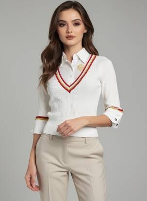 Pulover croială cambrată mâneci 3/4 alb GUESS femeie