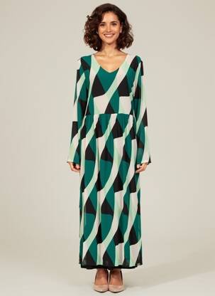 Rochie lungă imprimeu fantezie mâneci lungi verde STREET ONE femeie
